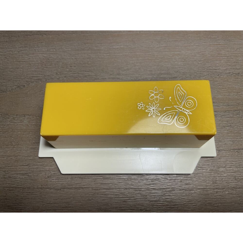 Vintage Butter Dish Yellow Butterfly Floral Design Kitchen Decor Retro EUC